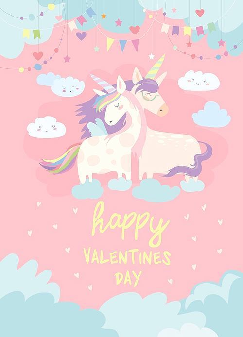 Cute card with fairy unicorns boy and girl in love on clouds. Vector illustration in cartoon style.
