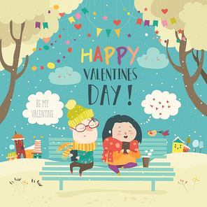 Young couple sending love messages using cellphone wireless communications. Vector greeting card