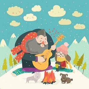 Boy plays guitar for a girl in the winter forest. Vector illustration