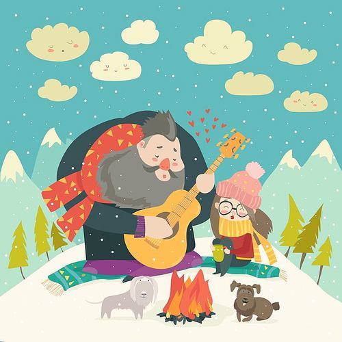 Boy plays guitar for a girl in the winter forest. Vector illustration