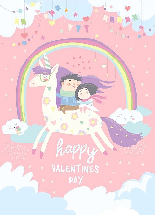 Couple in love riding on unicorn. Vector romantic greeting card