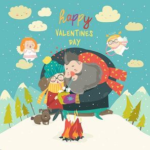 Happy couple on a date. Winter time Creative characters in love. Lovers embrace. Vector cartoon illustration for card, postcard, banner and poster.