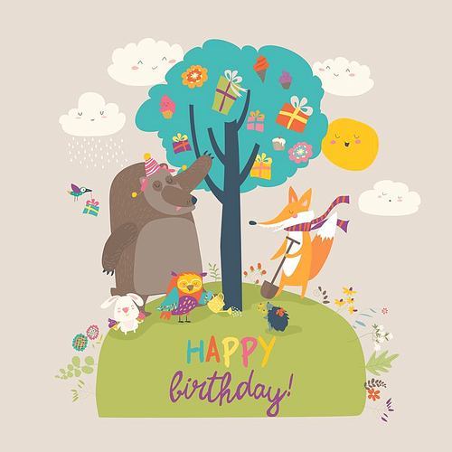 Cartoon animals celebrating Birthday in the forest. Vector illustration