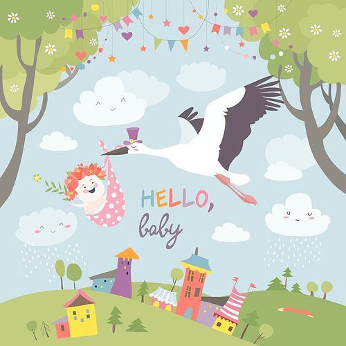 Stork is flying in the sky with baby above the spring landscape. Vector illustration
