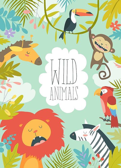 Happy jungle animals creating a framed background. Vector illustration