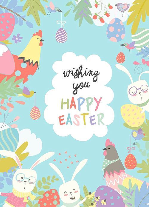 Cute frame composed of Easter bunnies and easter egg. Vector illustration