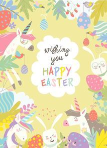 Cute frame composed of Easter bunnies,unicorns and easter egg. Vector illustration