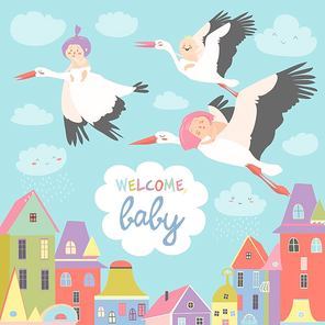 Storks is flying in the sky with babies above the city. Vector illustration