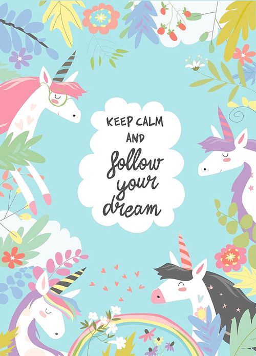 Cute magic frame composed of unicorns and flowers. Vector illustration