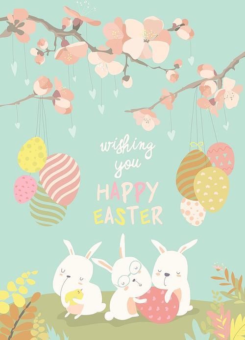 Funny easter bunnies with flowering branches. Vector Easter card