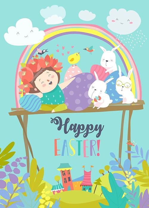 Cute girl with Easter rabbits and Easter eggs. Vector greeting card