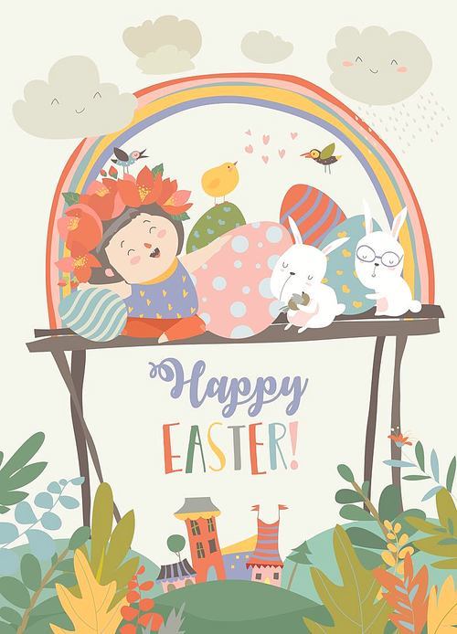 Cute girl with Easter rabbits and Easter eggs. Vector greeting card
