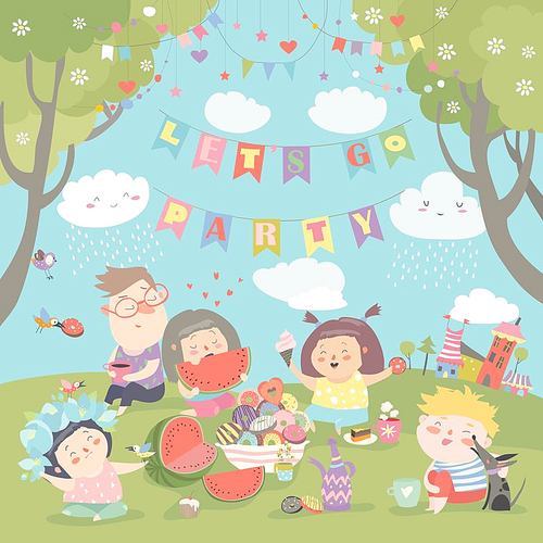 Children having picnic at the lawn. Vector illustration