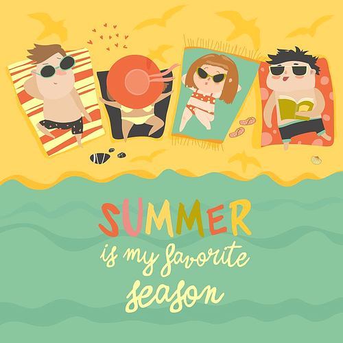 Children on the sunny beach. Summer is the favorite season. Vector illustration