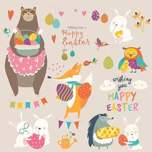 Animals celebrating Easter. Vector set of cartoon characters