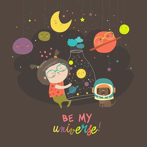 Cute girl with planets of the solar system. Vector greeting card