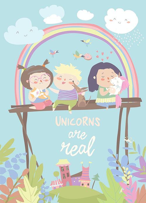 Kids with their pets. One of them is unicorn. Vector illustration