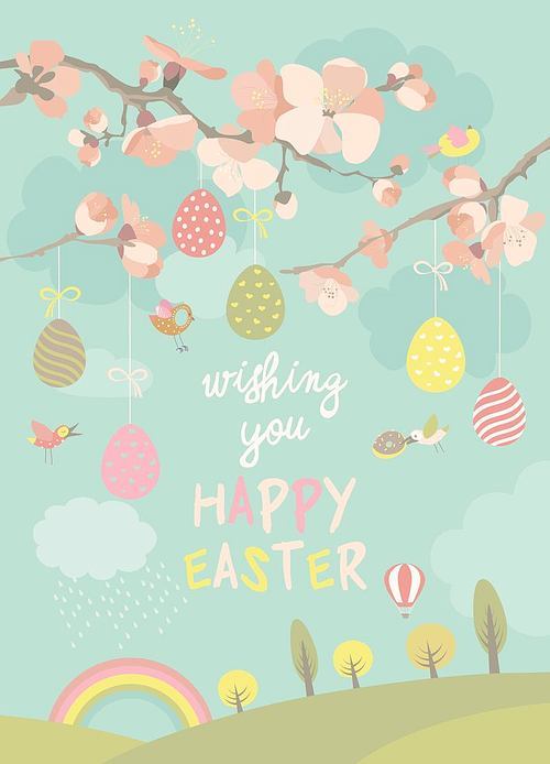 Spring blooming tree with easter eggs. Vector greeting card