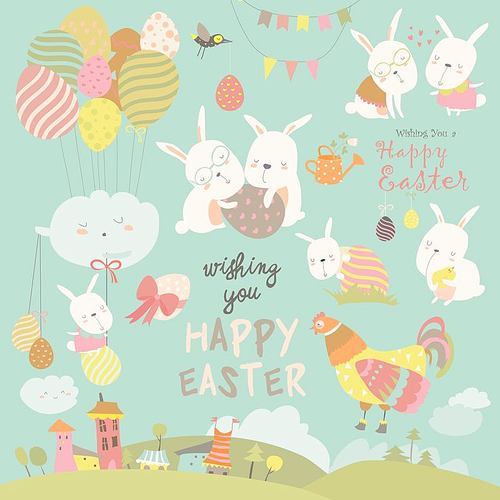Animals celebrating Easter. Vector set of cartoon characters
