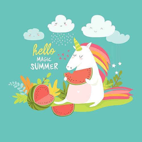 Cute unicorn with watermelon. Hello summer. Vector ilustration