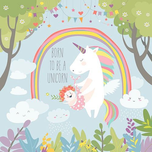 Cute unicorn holding baby.Born to be a unicorn. Vector illustration