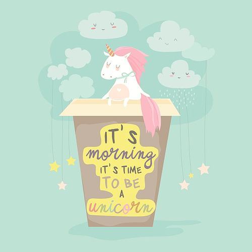 Unicorn needs a coffee, good morning. Vector illustration