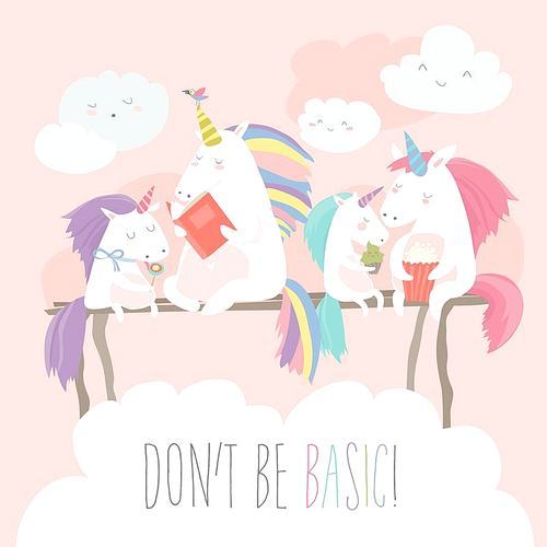 Unicorn reading book with friends. Dont be basic. Vector illustration