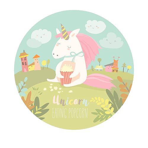 Little cute unicorn eating popcorn. Vector ilustration
