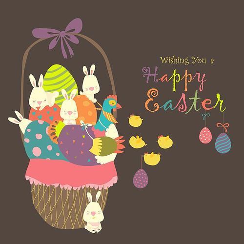 Easter basket with eggs,rabbits and chicken. Vector illustration