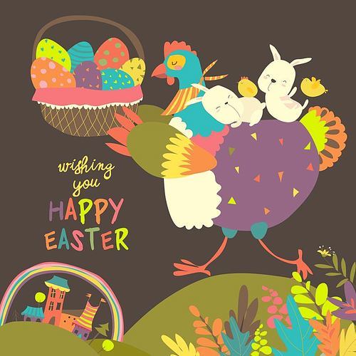 Easter chicken with easter eggs. Vector illustration