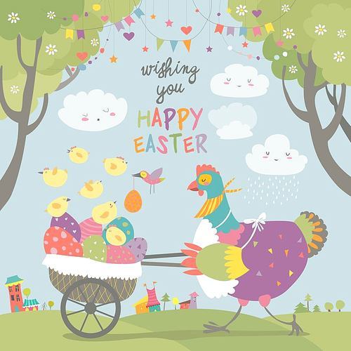 Easter chicken with easter eggs. Vector illustration