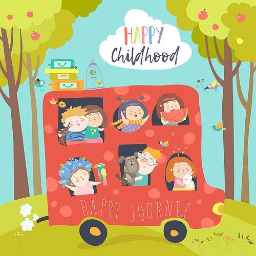 Cute children traveling by bus. Vector illustration