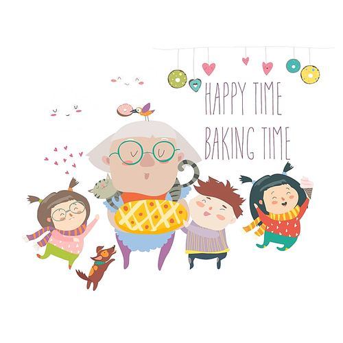 Granny and her grandchildren with cake. Vector illustration