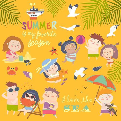Summer childs outdoor activities. Beach holiday. Happy childhood. Vector set on a yellow background. Happy boys and girls on the sea.