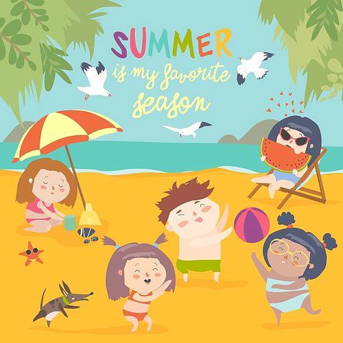 Summer childs outdoor activities. Beach holiday. Happy childhood. Vector illustration. Happy boys and girls on the sea.