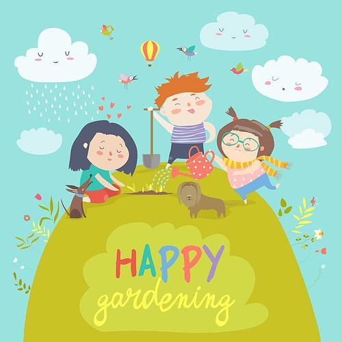 Happy children gardening on lawn. Vector illustration
