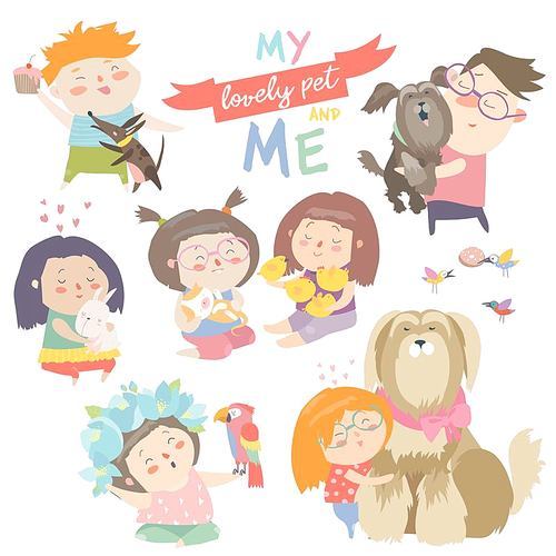Set of characters. Children with pets. Vector illustration