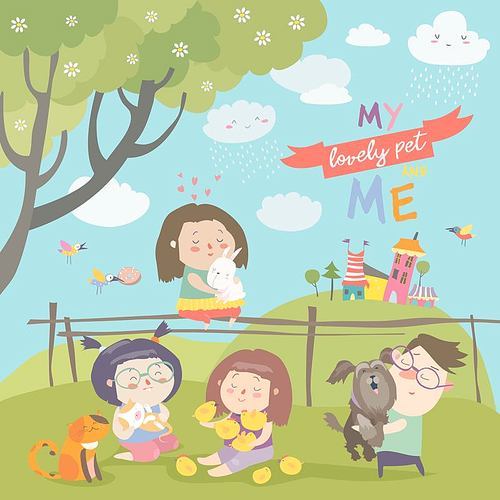 Happy children with pets on green meadow. Vector illustration