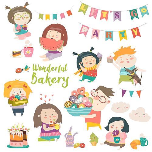Funny cartoon children and sweets. Vector isolated illustration
