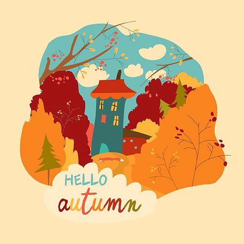 Little house in the autumnal forest. Vector illustration