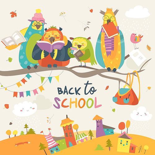 Funny owls on the autumn tree. Back to school. Vector illustration