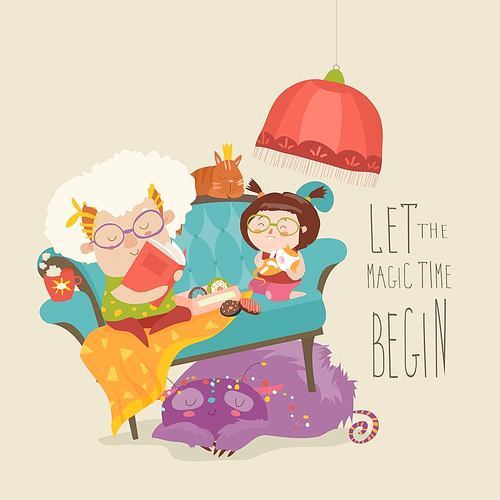 Grandmother reading a fairytales to her granddaughter. Vector illustration