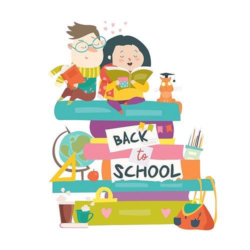 Boy and girl sitting onpiles of books. Back to school. Vector illustration