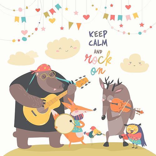 Cute animal music band. Cartoon animals playing on musical instruments. Vector illustration