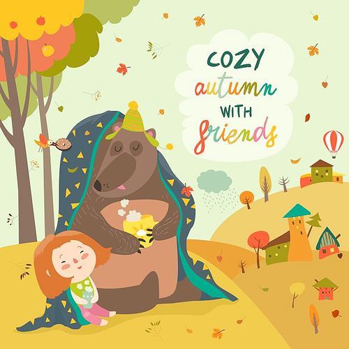 Little girl and bear sitting under plaid on the autumn lawn. Vector illustration