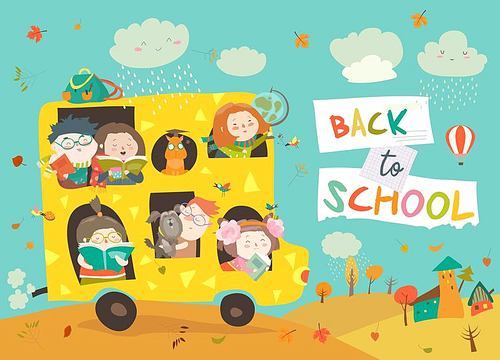 Children on the way to school. Back to school. Vector illustration