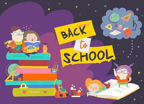 Boy and girl sitting onpiles of books. Back to school. Vector illustration