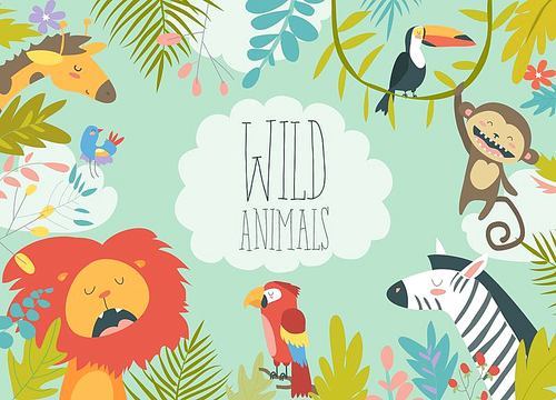 Happy jungle animals creating a framed background. Vector illustration