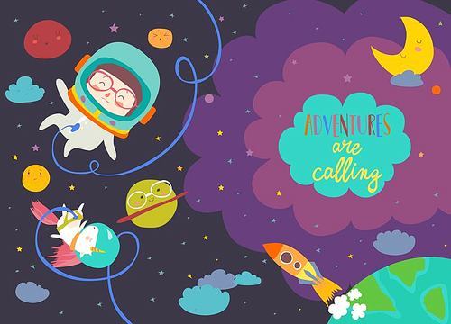 Girl astronaut with her unicorn. Vector illustration