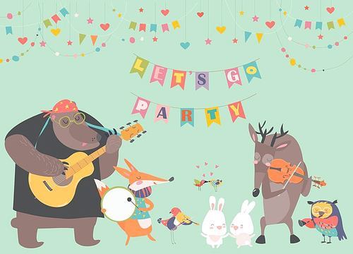 Cute animal music band. Cartoon animals playing on musical instruments. Vector illustration